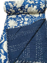 Indische Baumwolle Handgemacht Blau Blumendruck Kantha Quilt Handblock Bettwäsche Boho Tagesdecke Einzelgröße Kantha Bettbezug Vintage Decke